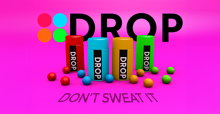 A red, blue, orange and green atomiser can on a pink background with coloured balls surrounding them. The DROP logo is set behind the cans and the slogan 'Don't Sweat It' is embosed into the floor below
