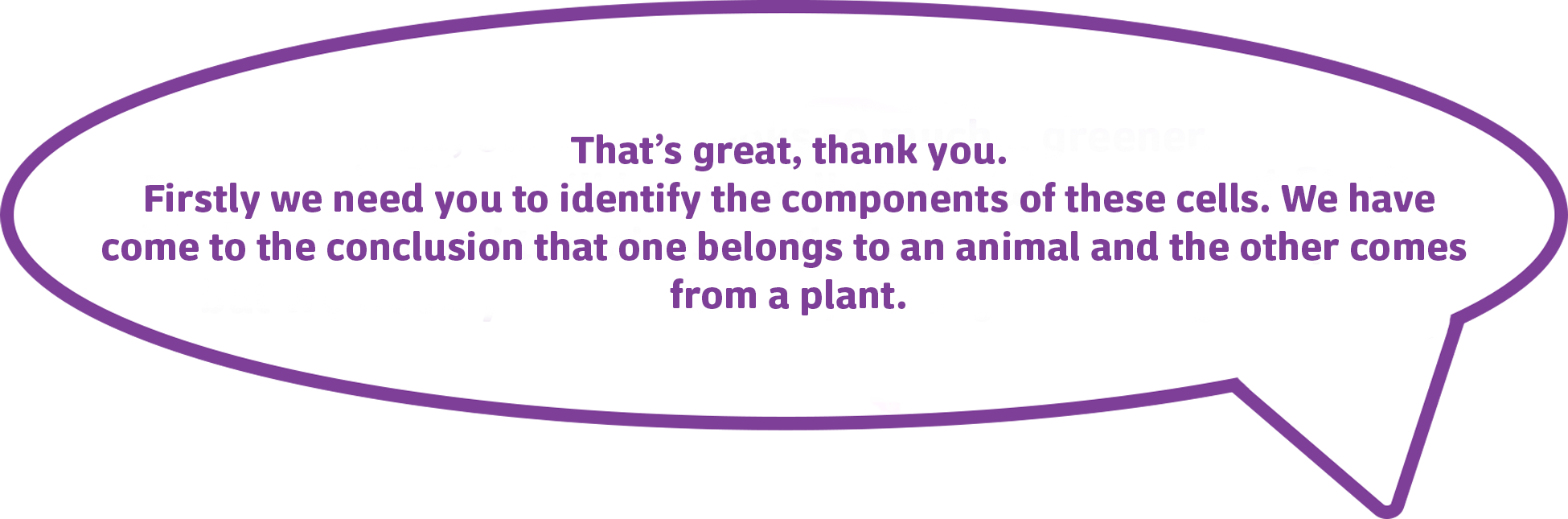 That’s great, thank you.
        Firstly we need you to identify the components of these cells. We have
        come to the conclusion that one belongs to an animal and the other comes 
        from a plant.
