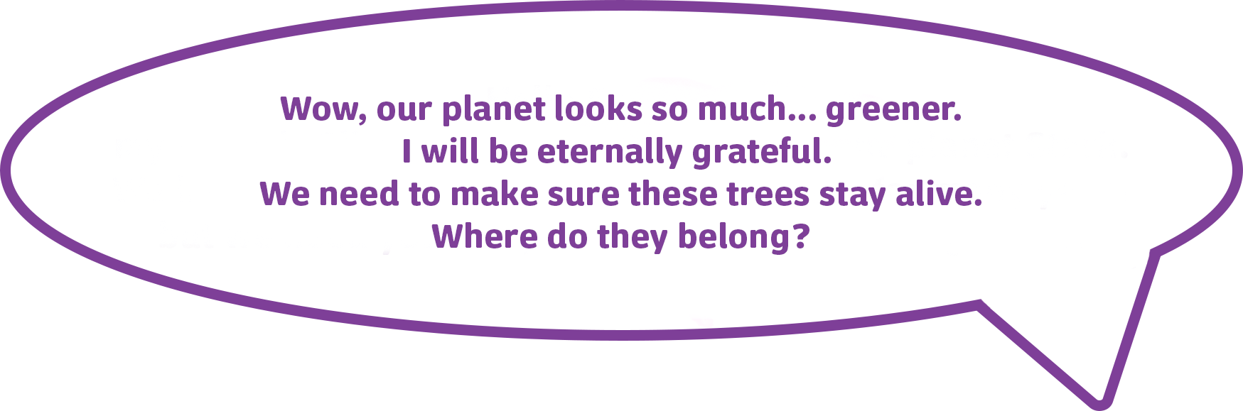 Wow, our planet looks so much... greener. I will be eternally grateful. We need to make sure these trees stay alive. Where do they belong?
